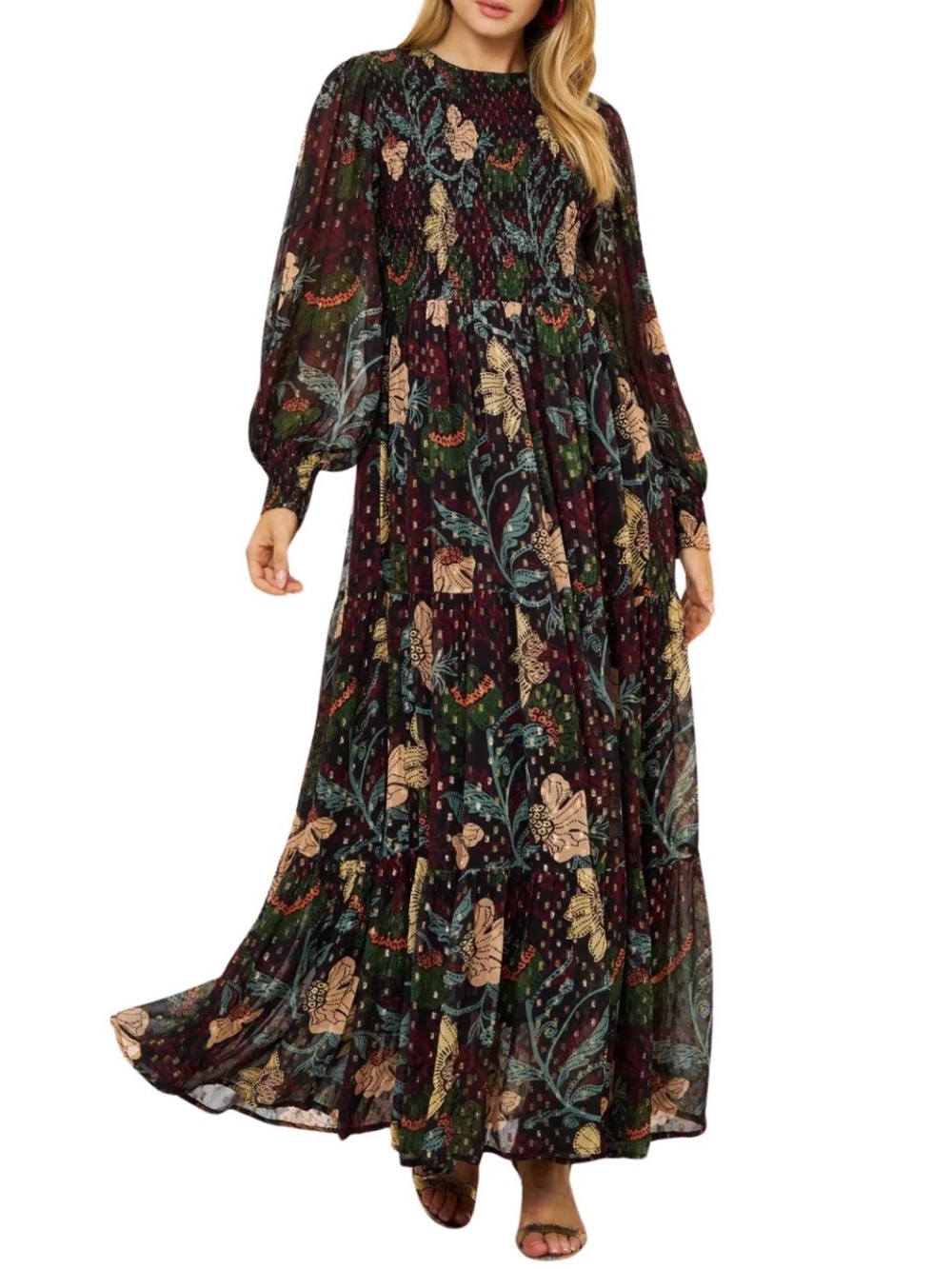 Oliphant Turin Wine Black Floral Long Sleeve Maxi Dress Green Peach S XL